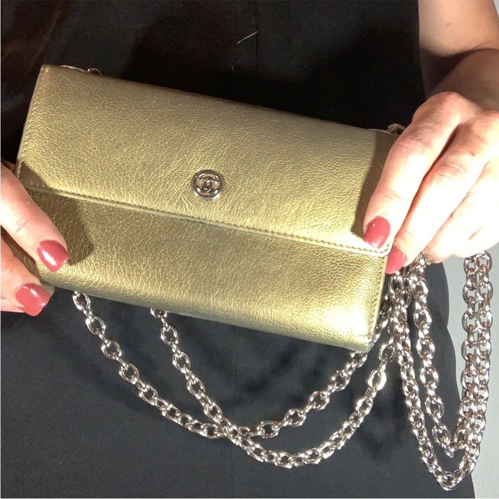 CHANEL Gold Lambskin Flap Wallet on Chain